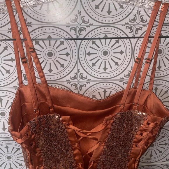 House of CB London Harley Lace Up Sequin Cocktail Mini Dress In Rose Gold - Picture 6 of 12